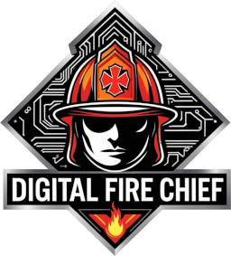 Logo with circuit board, fire helmet, and the words Digital Fire Chief
